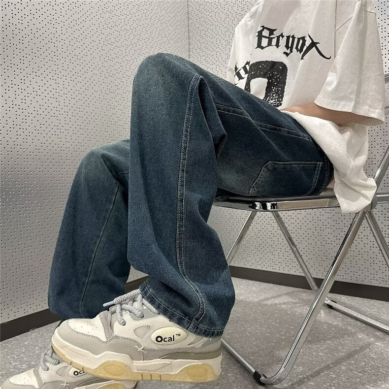 渐变日系直筒牛仔裤男潮牌宽松ins高街工装阔腿老爹裤KM606P38图片