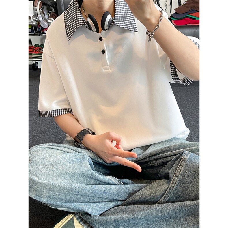 假两件格子拼接短袖T恤男夏季潮牌polo衫美式衬衫领T3652特价P30,男装T恤,电商A007
