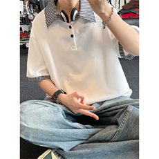 假两件格子拼接短袖T恤男夏季潮牌polo衫美式衬衫领T3652特价P30，男装T恤，电商A007
