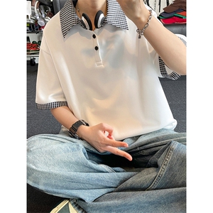 假两件格子拼接短袖T恤男夏季潮牌polo衫美式衬衫领T3652特价P30图片
