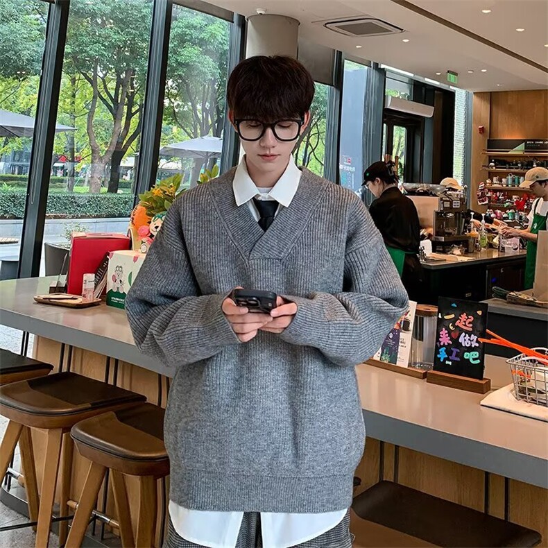 新款港风加厚内搭慵懒风纯色大V领针织衫上衣毛衣外套V29-P48图片