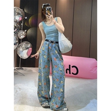 AK2320-P50美式潮流直筒牛仔裤夏季新款显瘦满印碎花阔腿裤，女装休闲裤，星座617A-2