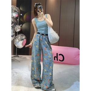 AK2320-P50美式潮流直筒牛仔裤夏季新款显瘦满印碎花阔腿裤图片