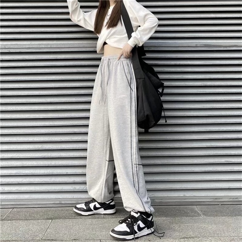 hiphop新款潮流ins辑明线设计感宽松阔腿直筒束脚休闲运动裤卫裤图片