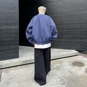 美式复古外套男女春秋宽松休闲白色条纹棒球服情侣装翻领夹克图片