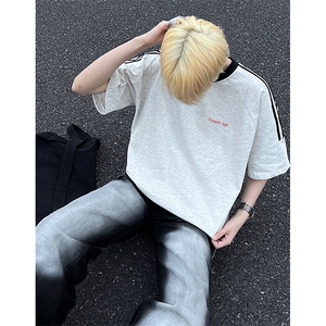 可48小时发货支持抖音得物来样二开 重磅美式高街纯棉织带短袖T恤图片