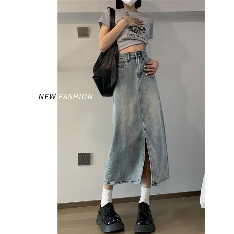 复古牛仔裙半身裙女中长款2025年新款夏季a字开叉高腰包臀裙春秋，鞋类箱包手腕包，星座1210-1