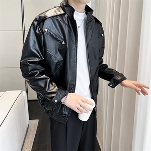 黑色PU皮衣外套男士vibe炸街复古短款痞帅机车服皮夹克~PY632-p80图片