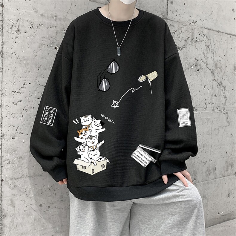 华夫格卫衣圆领卫衣男大码长袖t恤男外套HW76115-P30加绒款-P40,男装卫衣,电商A040