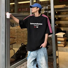 抖音得物品质二开240克宽松纯棉美式潮牌印花三条杠中性风短袖T恤，男装T恤，电商A486