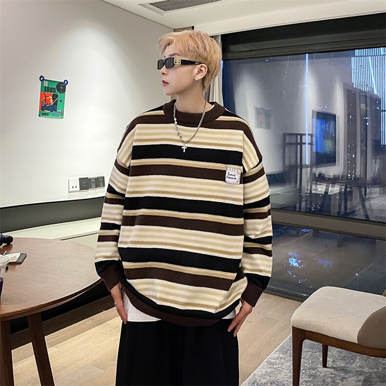 日系宽松慵懒风毛衣男2024春秋季条纹针织衫港风宽松情侣线衣,男装针织衫/毛衣,星座716-2
