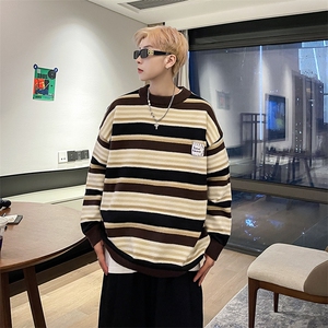 日系宽松慵懒风毛衣男2024春秋季条纹针织衫港风宽松情侣线衣图片