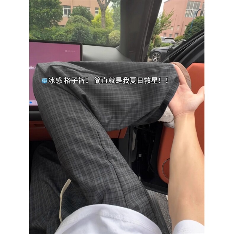灰色冰丝凉感格子裤男夏季薄款松弛感慵懒裤子cleanfit直筒微喇裤,男装休闲裤,四季星座505