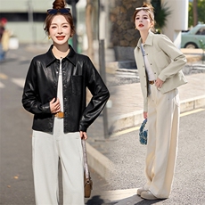 BAO海宁春季薄款皮衣外套女短款年轻时尚百搭仿绵羊皮皮夹克潮，女装皮衣，跑量工厂店