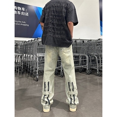 B221美式ins高街暗黑系小众拉链直筒牛仔裤LK23073-P65控88，男装牛仔裤，电商B221