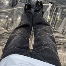 潮牌小众复古设计感不规则条纹牛仔裤男女宽松阔腿微喇长裤，男装牛仔裤，星座218-1（原230）