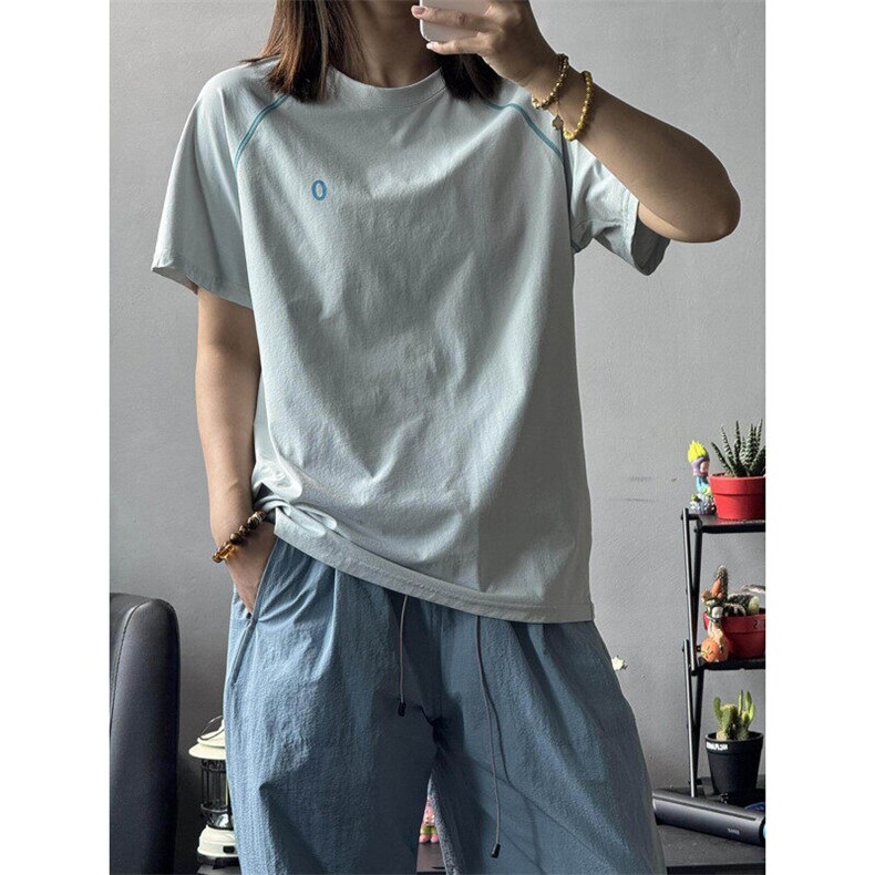 奶蓝色户外运动速干衣男女夏薄款透气短袖t恤防晒套装穿搭一整套,男装T恤,电商C306-1