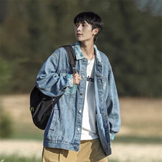 秋拼接印花牛仔外套男潮牌宽松休闲潮流百搭青年夹克上衣X326/P58，男装工装外套，星座506