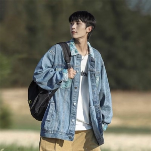 秋拼接印花牛仔外套男潮牌宽松休闲潮流百搭青年夹克上衣X326/P58图片