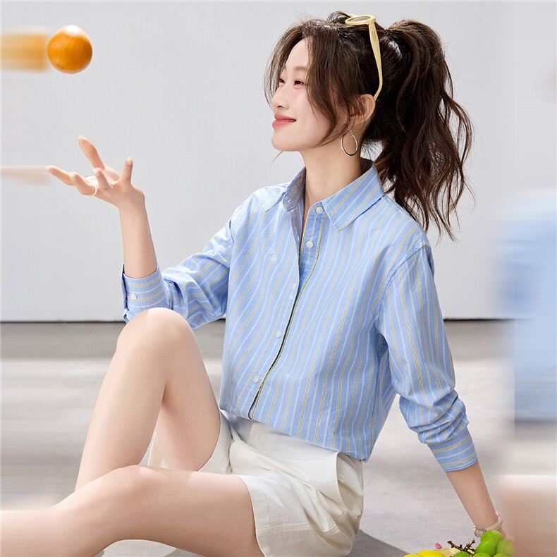 2026春夏新款黄蓝条纹衬衫女宽松显瘦元气少女感衬衣韩系清爽竖条图片