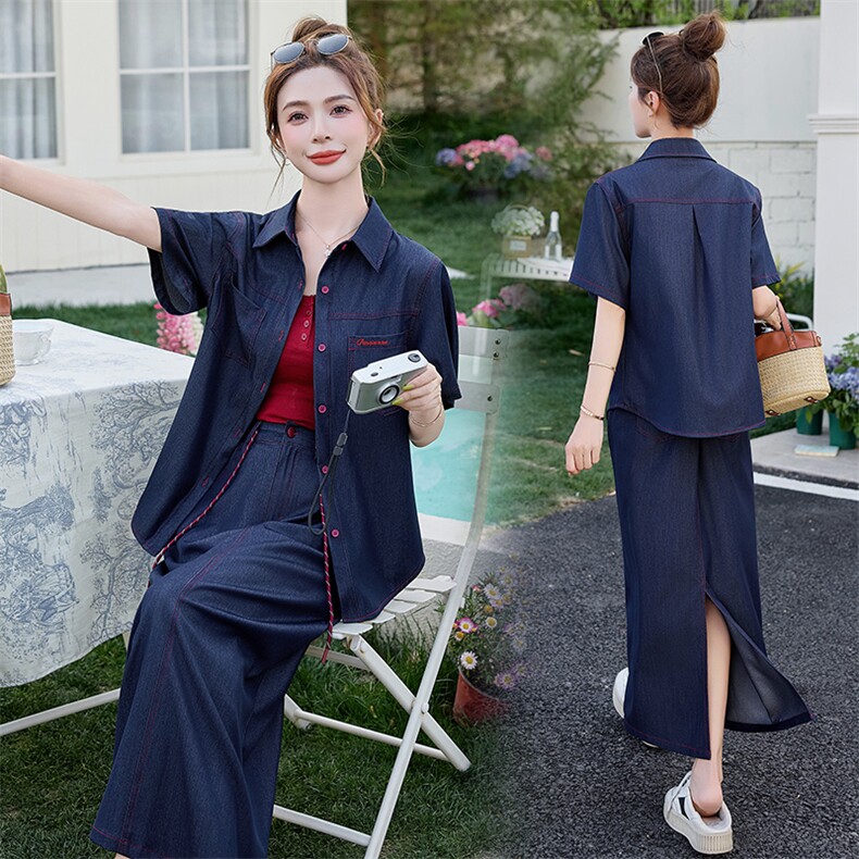 （新款现货）2026夏装新款时尚天丝牛仔大版衬衫+长裙（两件套）,女装套装/套裙,印象茜