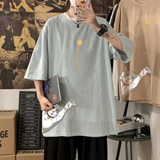 YT26013-P30 亚麻短袖t恤男大码五分袖男宽松七分袖 海报风图片