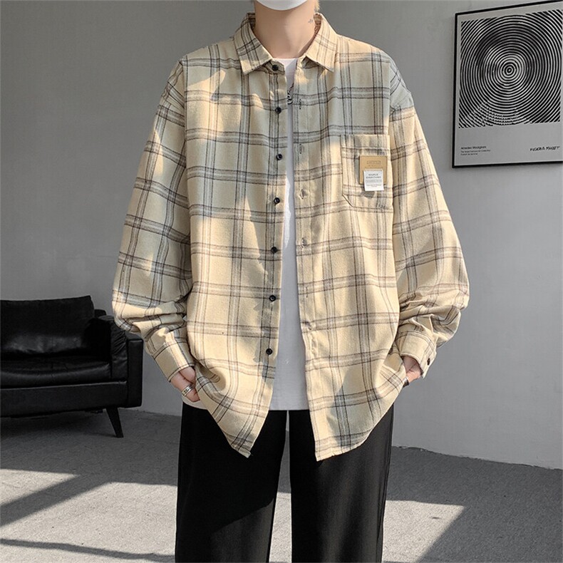 衬衫男春季新款港风磨毛宽松长袖格子衬衣CS521-P38,男装衬衫,星座214-3