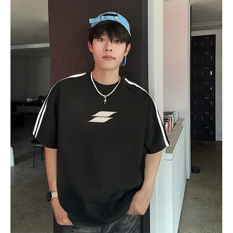 抖音得物高品质二开240克宽松纯棉美式潮牌三条杠织带短袖T恤，男装T恤，电商A486-1