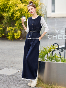 韩系穿搭小香风时尚马甲套装女2025春季新款气质牛仔阔腿裤三件套图片