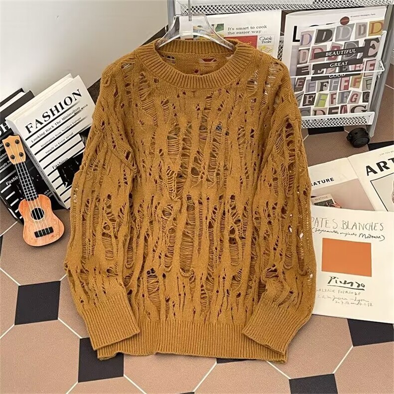 镂空凉感破洞T恤男女夏季2025新款设计感宽松针织衫上衣B6021/P50,男装T恤,星座506B