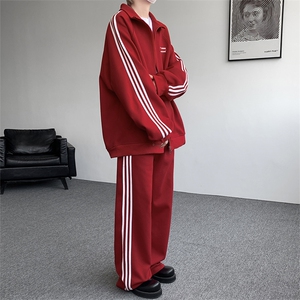 8XL-M条纹撞色开衫新年红卫衣运动套装潮牌运动服校园风TZ114P118图片