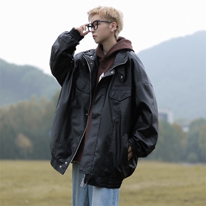 A928-P66 春秋季宽松立领pu皮衣外套男美式高街潮牌机车服夹克图片