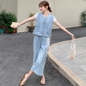 减龄时尚牛仔马甲阔腿裤套装女夏ootd穿搭减龄三件套今年流行爆款图片