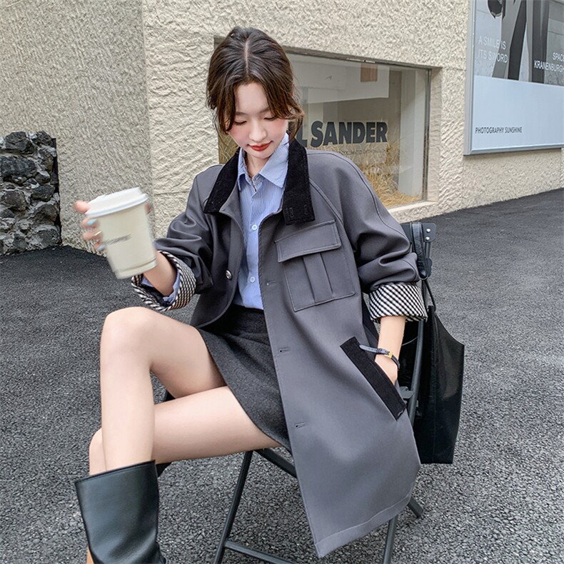 格子拼接灰色风衣外套女春季中长款小个子韩系高级感设计感流行,女装风衣,慧峰
