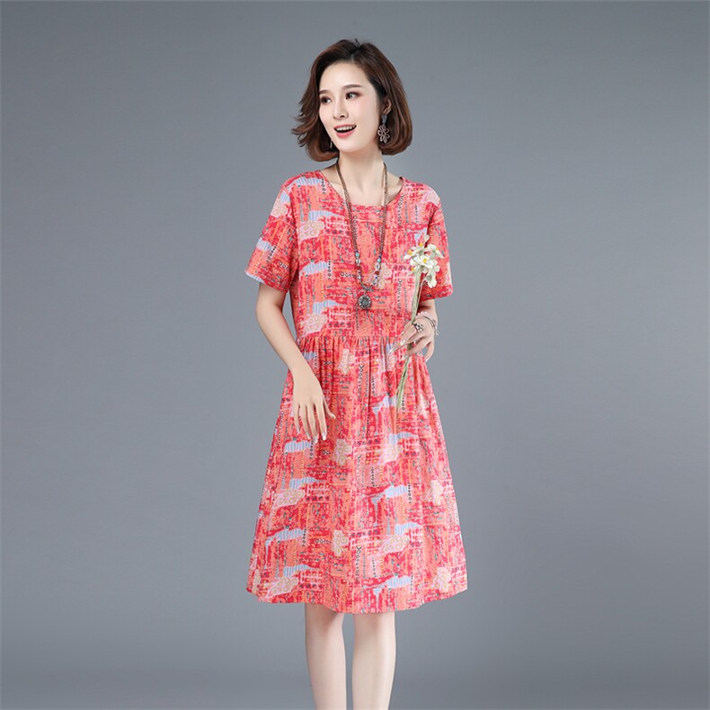 2021年夏季圆领中长款A字裙40-49周岁印花套头韩版通勤高腰裙子,女装连衣裙,伊满意