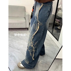 废土风做旧复古破洞牛仔裤男秋季宽松垂感直筒阔腿裤子NB5101，男装牛仔裤，星座1116A（原606A-3）