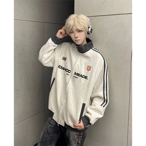 抖音得物美式高街重磅结构设计拼接织带立领印花卫衣外套 ACM4201图片