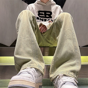 美式vibe裤脚拉链牛仔裤男高街潮牌黄泥色修身显瘦裤图片