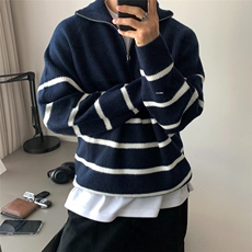 【有货】DZ27-P50加厚半拉链条纹毛衣男士秋冬慵懒宽松针织衫男，男装针织衫/毛衣，星座603-2