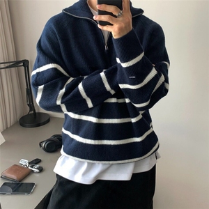 【有货】DZ27-P50加厚半拉链条纹毛衣男士秋冬慵懒宽松针织衫男图片