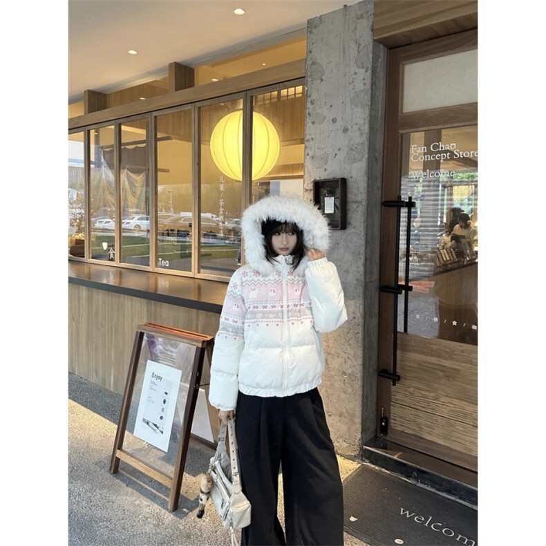 1506A/G78180/P89美式复古雪花兔子印花毛领连帽棉服外套女秋冬,男装棉衣,星座1506A