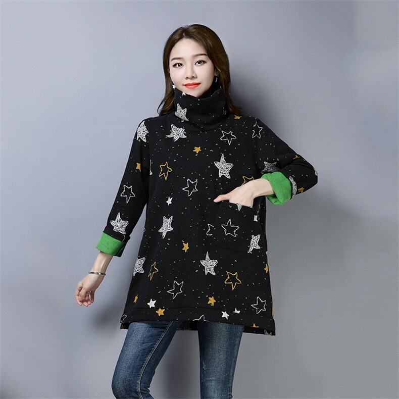 高领卫衣手工磨破2020年冬季长袖加绒宽松口袋印花,女装卫衣/绒衫,叶笙衣