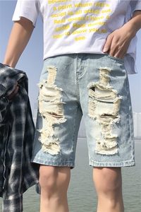 夏季牛仔裤男短裤ins潮流破洞直筒五分裤男港风中裤DK021-P40图片