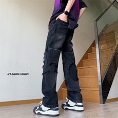 B221美式ins高街暗黑小众撞色破洞直筒牛仔裤LK23109-P65控88，男装牛仔裤，电商B221