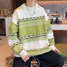 条纹拼接毛衣男秋冬新款设计感小众日系慵懒风宽松加绒打底针织衫，男装T恤，星座1013