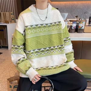条纹拼接毛衣男秋冬新款设计感小众日系慵懒风宽松加绒打底针织衫图片