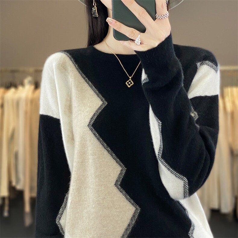 秋冬新款撞色衫女圆领拼色套头毛衣宽松羊毛针织打底衫，女装羊毛衫，秋虹羊绒