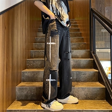 2023夏季美式高街直筒阔腿破洞泼漆牛仔裤313A-1-NZ044-P55控68，男装牛仔裤，星座808A-1