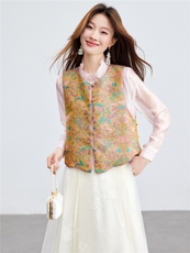 在仓~春夏薄款人丝衬衫马甲两件套宽松纽扣双面穿宋锦提花套装，女装套装/套裙，新依时派