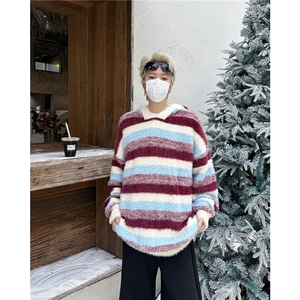 美式复古蓝白条纹连帽毛衣男女秋冬季慵懒风撞色高级感情侣针织衫图片